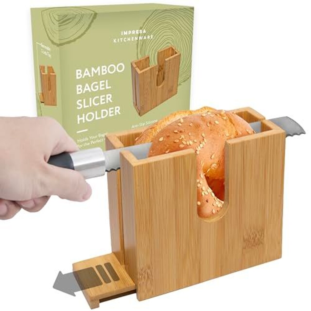 IMPRESA Bamboo Bagel Slicer Holder for Safe & Even Slices - Removable Bottom For Cleaning - Bagel Slicer for Small & Large Bagels with Anti-Slip Base - Bagel Holder Bread Slicer - Bagel Cutter Slicer